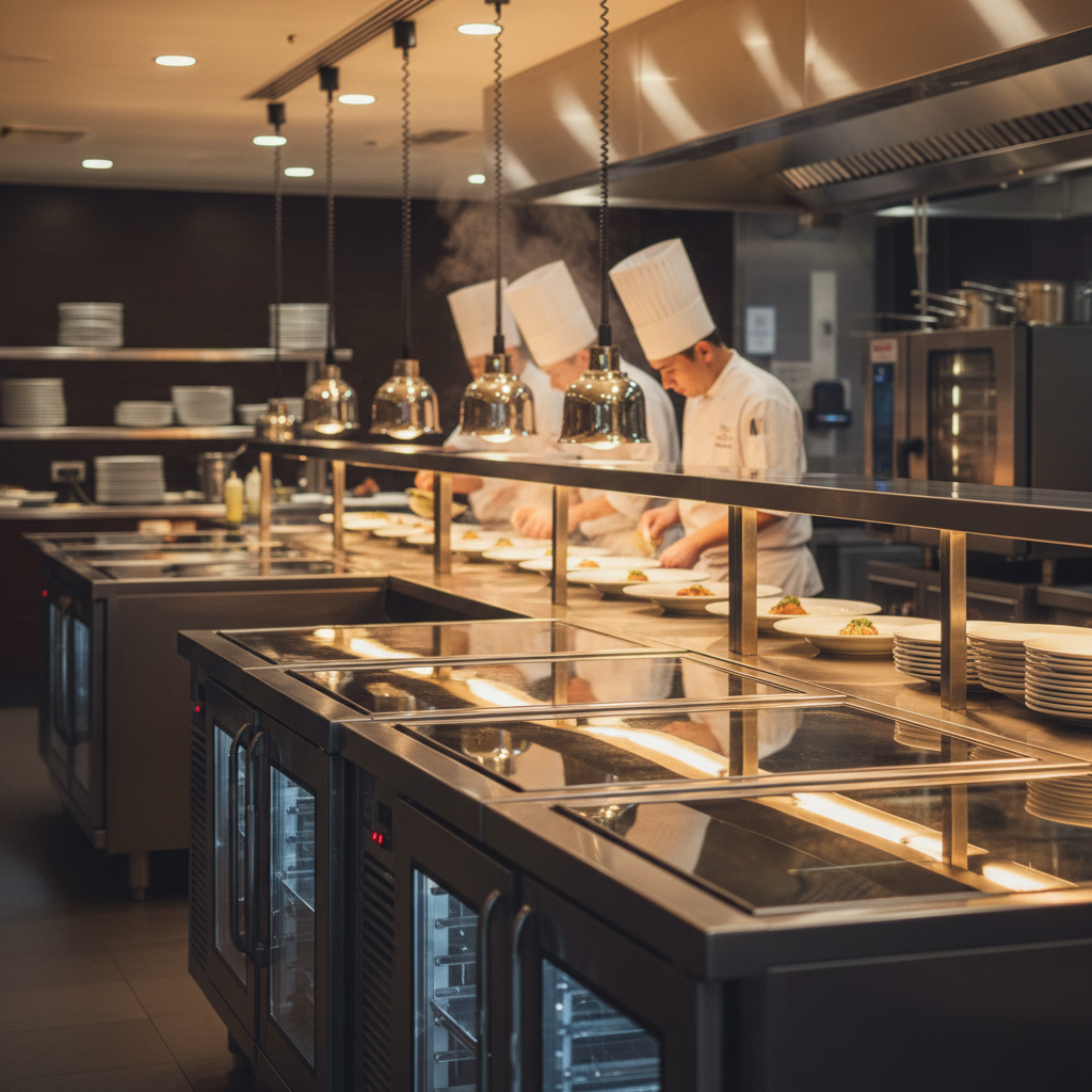 Banquet service line staging plated meals held in commercial holding cabinets before service