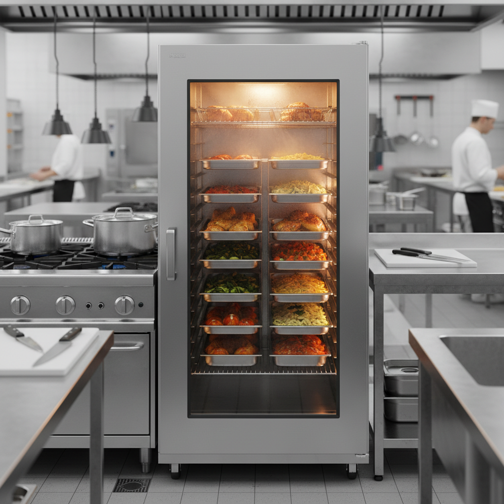 Full-height and half-height stainless steel holding cabinets, one on casters, in a commercial kitchen